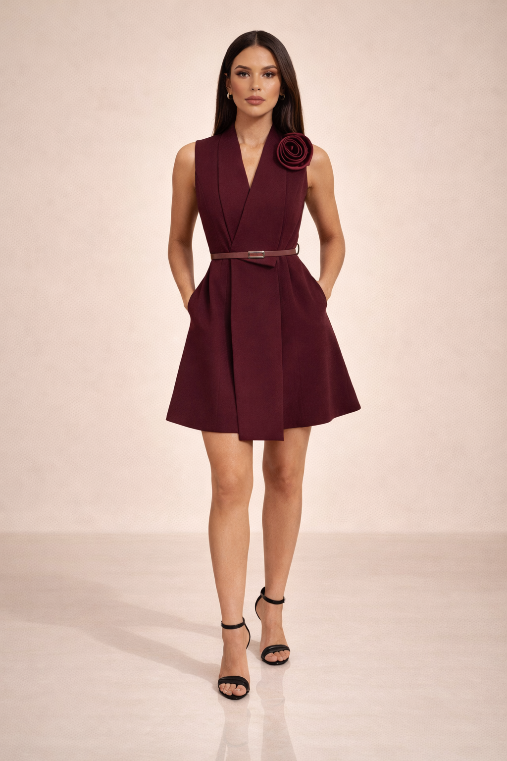 burgundy belted dress Pre Order Tatiana Mini Small and beautifully structured this Sheer Top Black White SY7519 Size:38